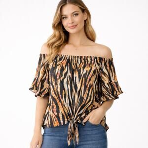 NWT Animal Print Off-Shoulder Tie Front Blouse Large